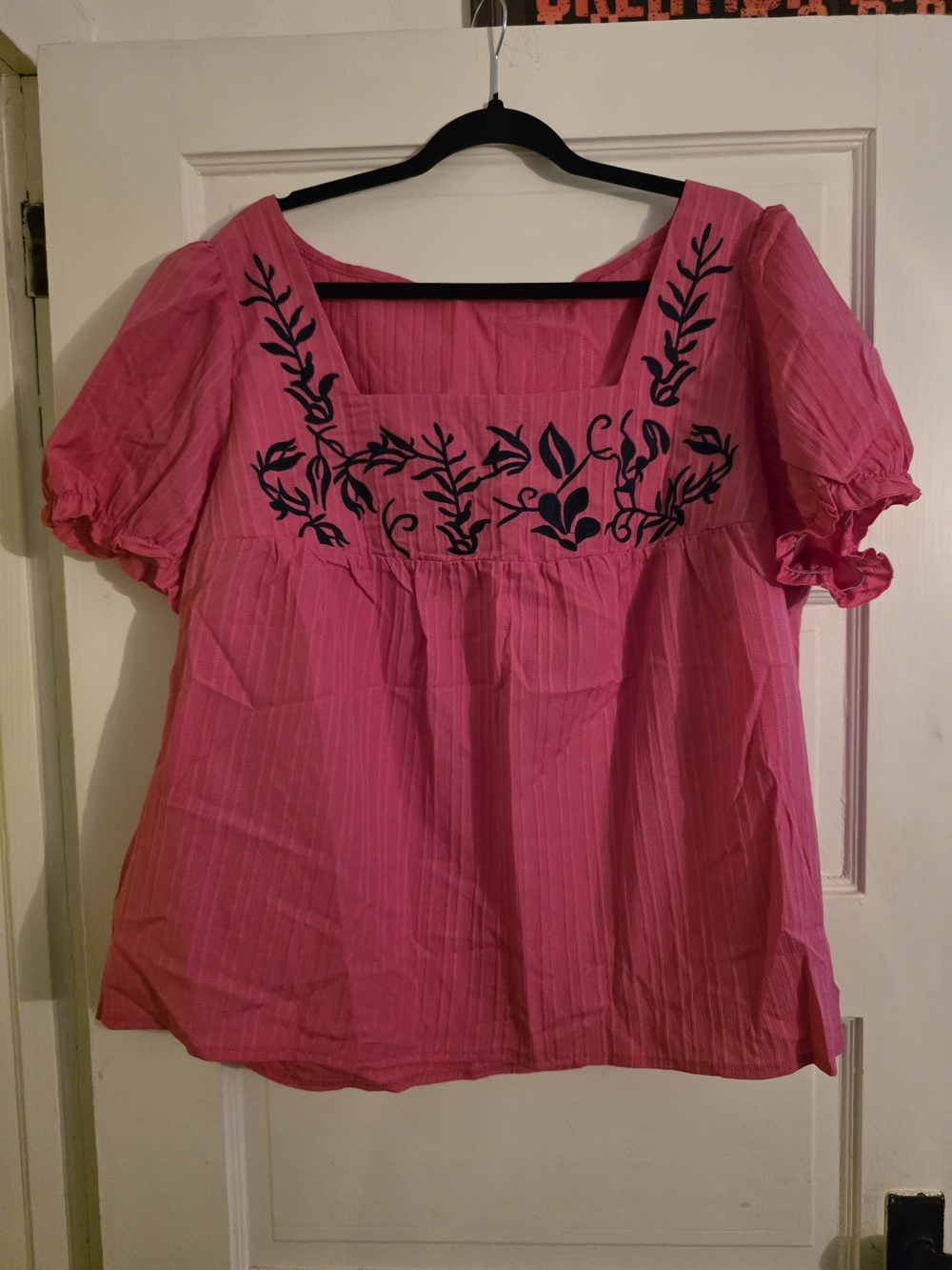 SHEIN Pink Square-Neck Embroidered Blouse
